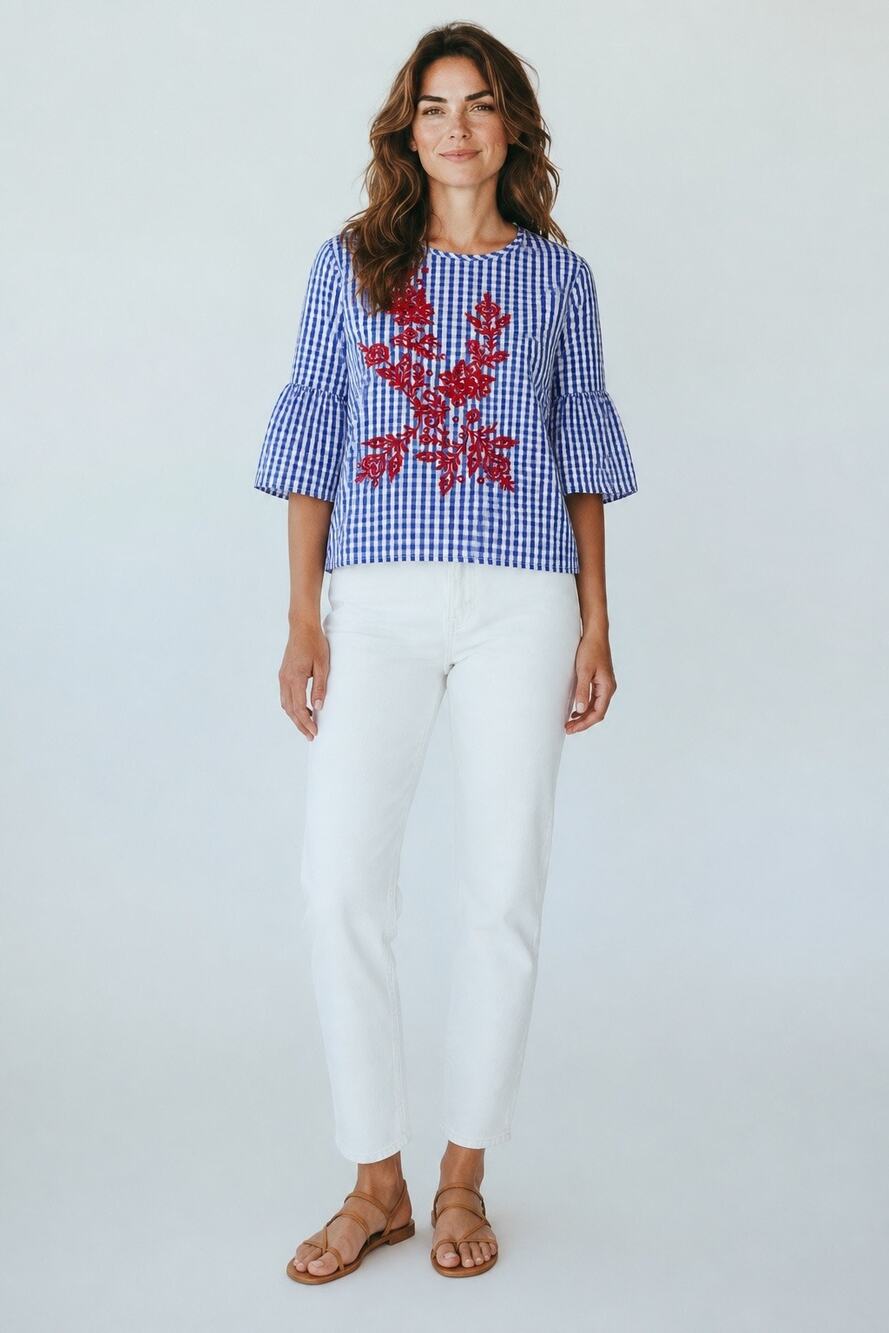 NWT Flores Blue White Gingham Embroidered Peasant Blouse Bell Sleeve XL Boho
